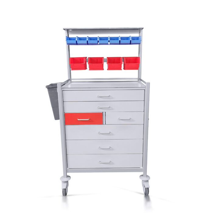 Full-sized Anaesthetic Trolley with bin storage, locked medication drawers